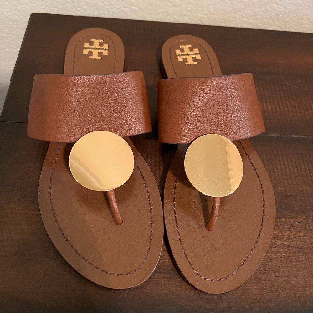 Tory Burch Gold Disc Brown Leather Sandals Worn Once! 7.5 Excellent Condition!!